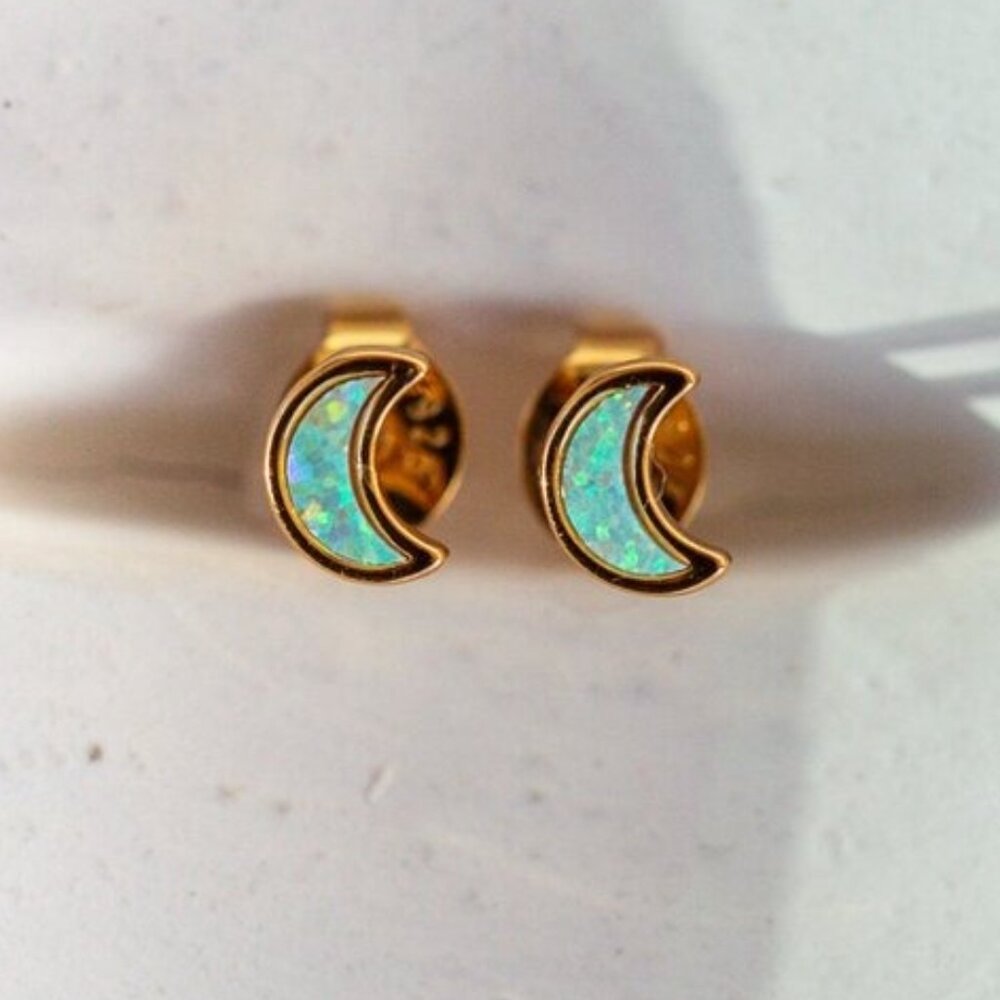 Dainty Opal Stud Earrings Pretty Opal Ear Stack Celestial Earrings Moon Studs
